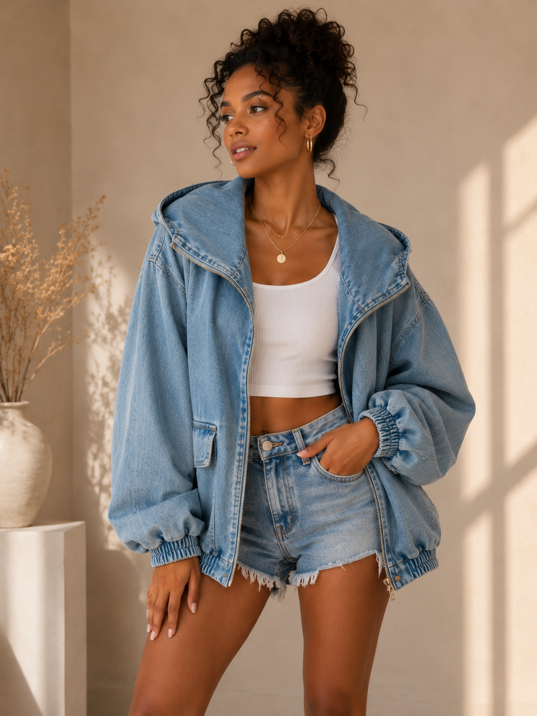Loose Denim Hooded Coat